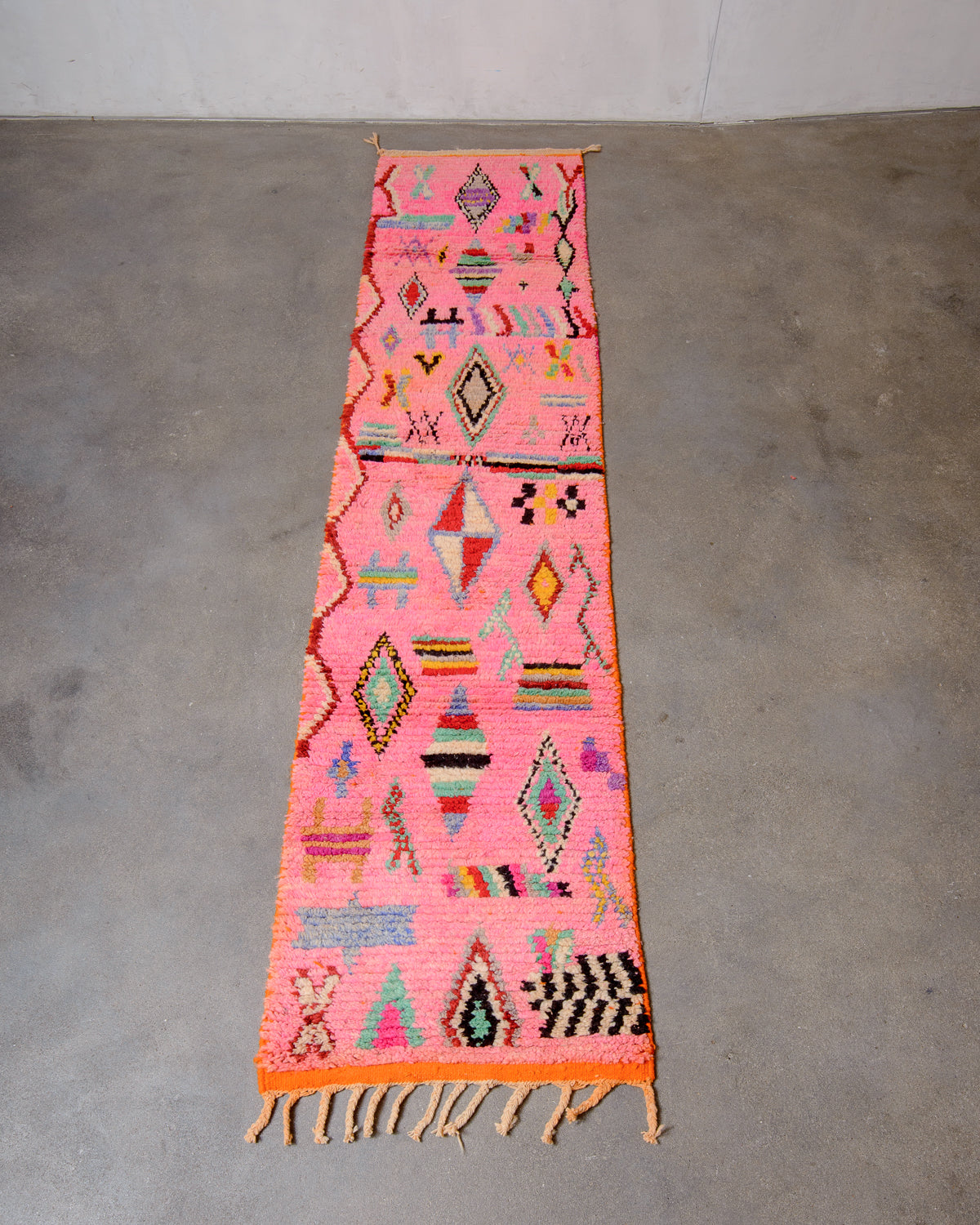 Modern, designer, handcrafted Berber runner rug from Morocco. Vintage carpet with beautiful colours and patterns and fluffy texture.